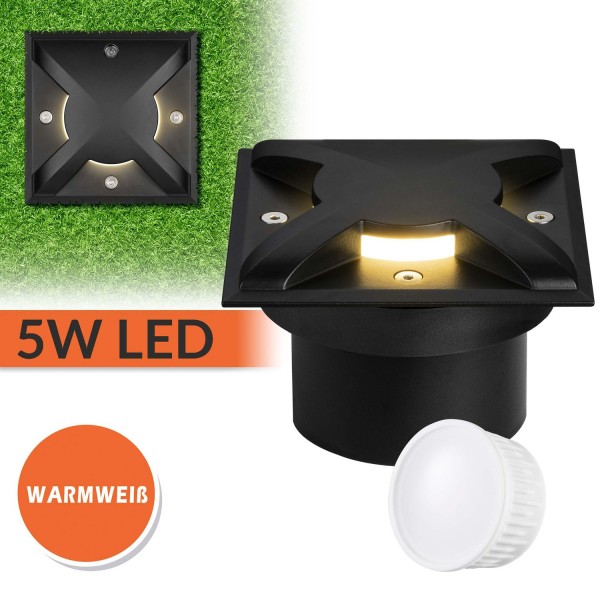 Flacher 5W LED Bodeneinbaustrahler mit 3 Lichtauslässen - schwarz - warmweiß - eckig - Orientierungs