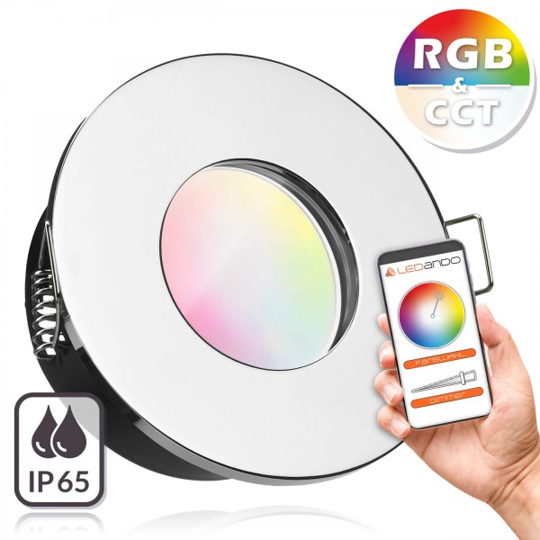 IP65 RGB CCT LED Einbaustrahler Set GU10 in chrom mit 5W Leuchtmittel von LEDANDO - RGB + Warm bis K