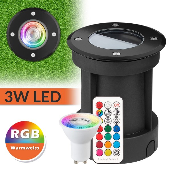 RGB LED Bodeneinbaustrahler Set - Schwarz - Mit Fernbedienung - 12 Farben + CCT- Tauschbares 5W GU10