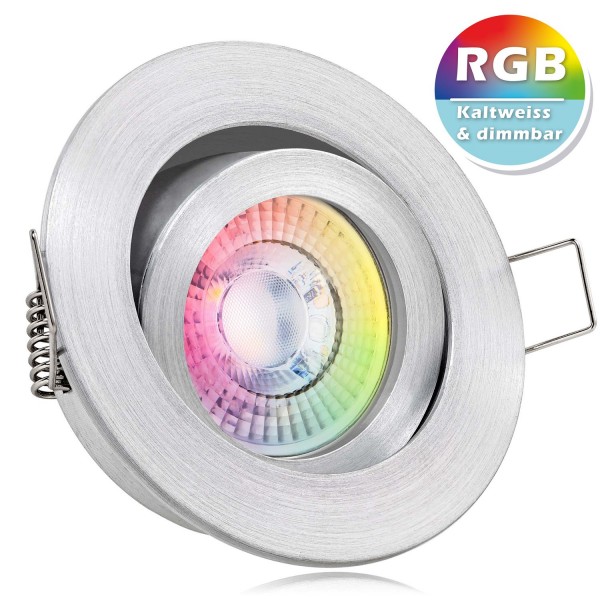 RGB LED Einbaustrahler Set extra flach in aluminium natur mit 3W LED von LEDANDO - 11 Farben + Kaltw