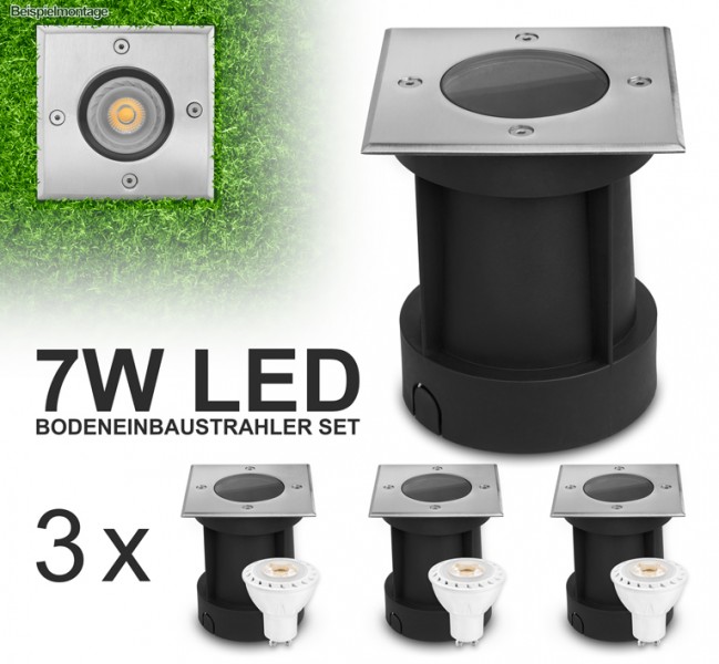 3er LED Bodeneinbaustrahler Set mit LED GU10 Markenstrahler von LEDANDO - 7W - 530lm - warmweiß - ec