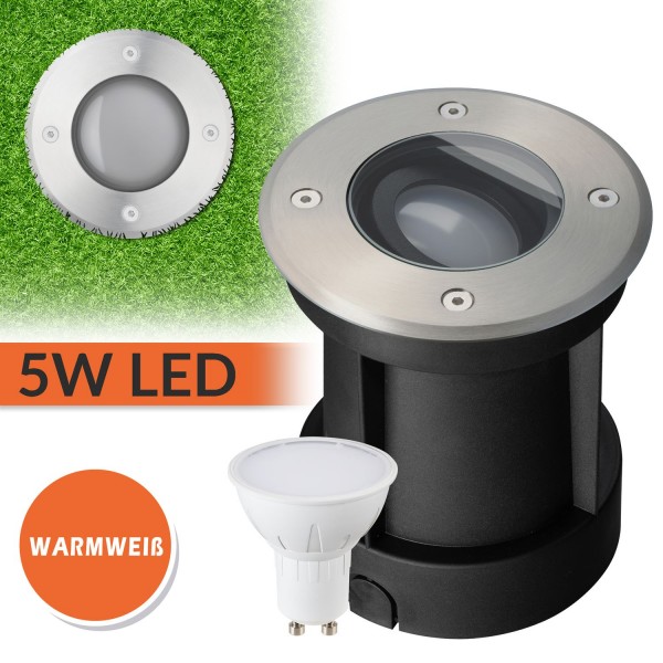 LED Bodeneinbaustrahler Set IP67 - Schwenkbar mit 5W LED GU10 warmweiß rund Edelstahl