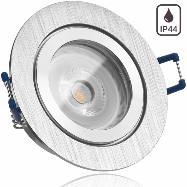 IP44 LED Einbaustrahler Set Bicolor (chrom / gebürstet) mit LED GU10 Markenstrahler von LEDANDO - 7W - warmweiss - 30° Abstrahlwinkel - Feuchtraum / Badezimmer - 50W Ersatz - A+ - LED Spot 7 Watt - Einbauleuchte rund