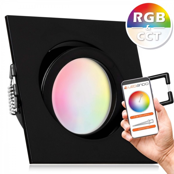 RGB CCT LED Einbaustrahler Set GU10 in schwarz matt mit 5W Leuchtmittel von LEDANDO - RGB + Warm bis
