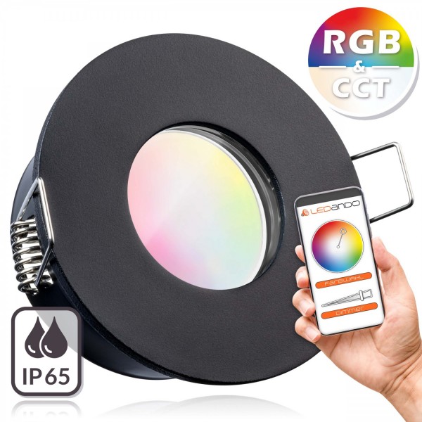 IP65 RGB CCT LED Einbaustrahler Set GU10 in schwarz mit 5W Leuchtmittel von LEDANDO - RGB + Warm bis