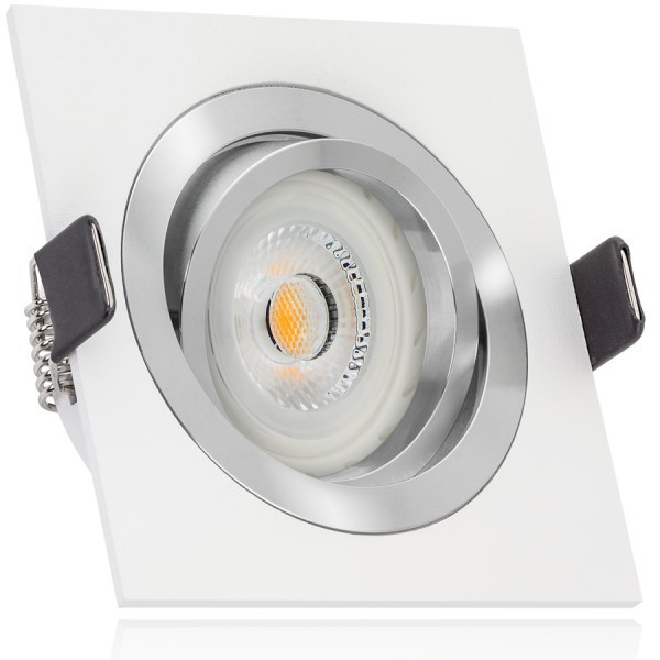 LED Einbaustrahler Set Bicolor (chrom / weiß) mit LED GU10 Markenstrahler von LEDANDO - 7W - warmweiss - 30° Abstrahlwinkel - schwenkbar - 50W Ersatz - A+ - LED Spot 7 Watt - Einbauleuchte LED eckig