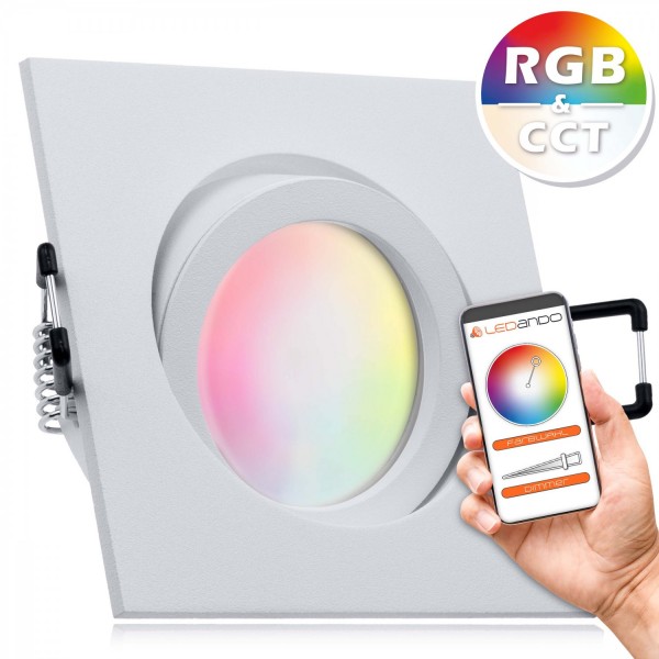 RGB CCT LED Einbaustrahler Set GU10 in weiß matt mit 5W Leuchtmittel von LEDANDO - RGB + Warm bis Ka