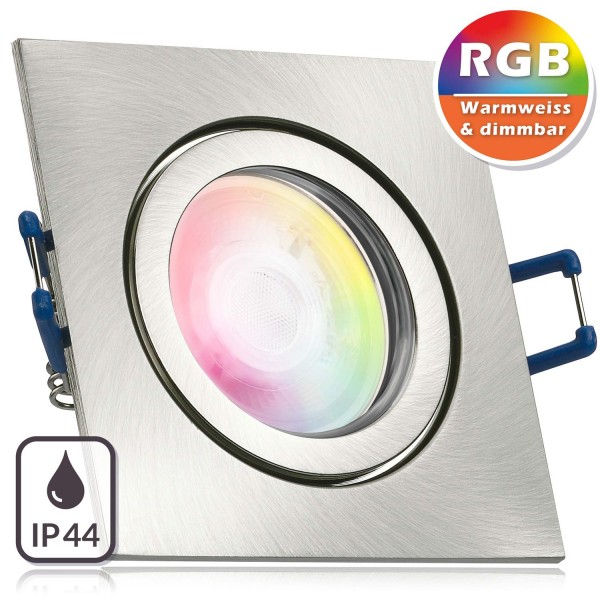 IP44 RGB LED Einbaustrahler Set extra flach in silber gebürstet mit 3W LED von LEDANDO - 11 Farben +