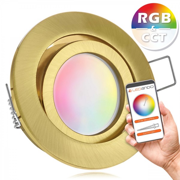 RGB CCT LED Einbaustrahler Set GU10 in gold / messing mit 5W Leuchtmittel von LEDANDO - RGB + Warm b
