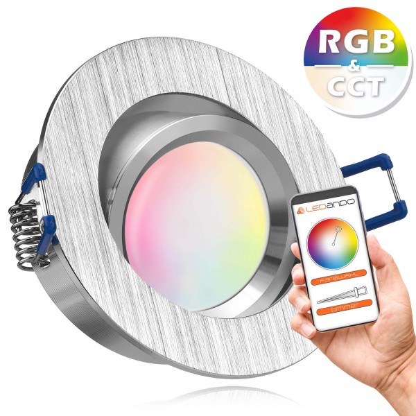RGB CCT LED Einbaustrahler Set GU10 in aluminium gebürstet mit 5W Leuchtmittel von LEDANDO - RGB + W