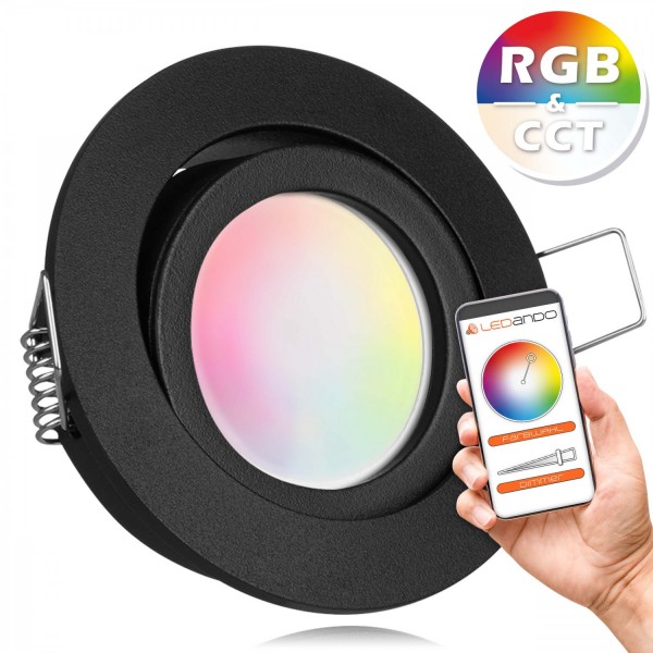 RGB CCT LED Einbaustrahler Set GU10 in schwarz mit 5W Leuchtmittel von LEDANDO - RGB + Warm bis Kalt