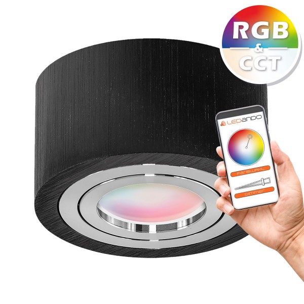 RGB CCT LED Aufbaustrahler Set extra flach in schwarz mit 5W LED von LEDANDO - RGB + Warmweiß bis Ka