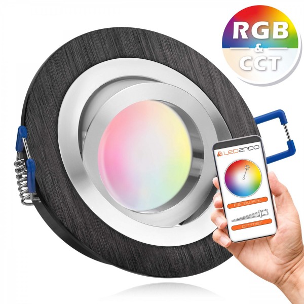 RGB CCT LED Einbaustrahler Set GU10 in schwarz mit 5W Leuchtmittel von LEDANDO - RGB + Warm bis Kalt