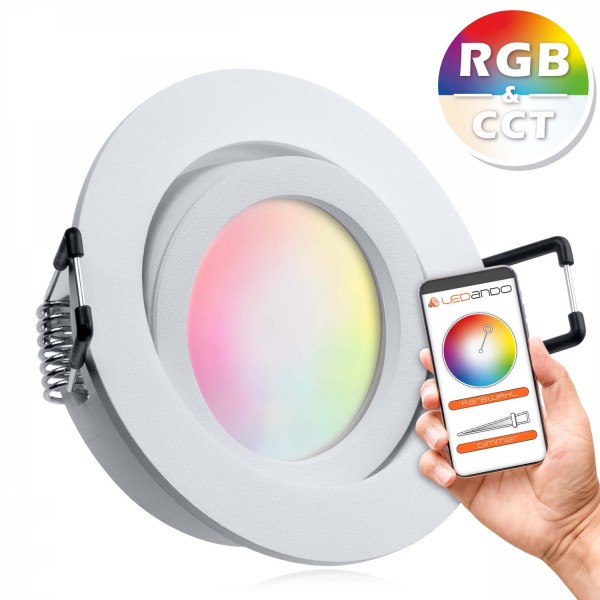 RGB CCT LED Einbaustrahler Set GU10 in weiß matt mit 5W Leuchtmittel von LEDANDO - RGB + Warm bis Ka