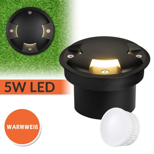 Flacher 5W LED Bodeneinbaustrahler mit 3 Lichtauslässen - schwarz - warmweiß - rund - Orientierungsl