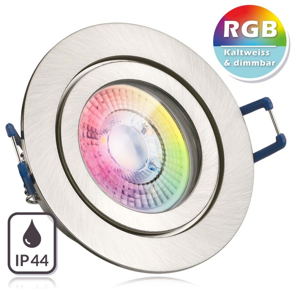 IP44 RGB LED Einbaustrahler Set extra flach in silber gebürstet mit 3W LED von LEDANDO - 11 Farben +