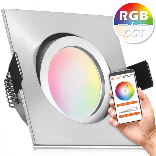 RGB CCT LED Einbaustrahler Set GU10 in aluminium matt mit 5W Leuchtmittel von LEDANDO - RGB + Warm b