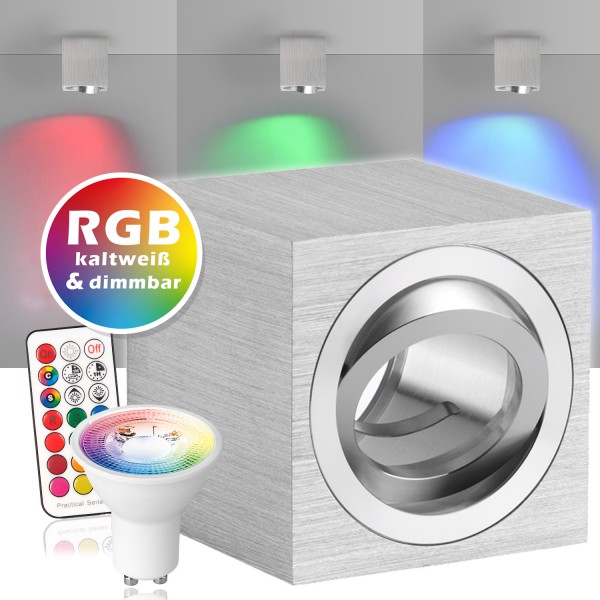 RGB LED Aufbaustrahler Set GU10 in aluminium gebürstet mit 3W LED von LEDANDO - 11 Farben + Kaltweiß