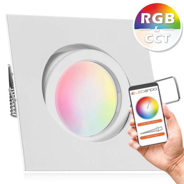 RGB - CCT LED Einbaustrahler Set extra flach in weiß mit 5W Leuchtmittel von LEDANDO- 16 Mio. Farben