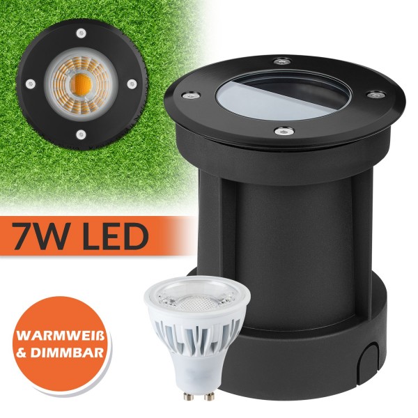 LED Bodeneinbaustrahler Set Schwarz mit LED GU10 Markenstrahler von LEDANDO - 7W - Dimmbar - warmwei