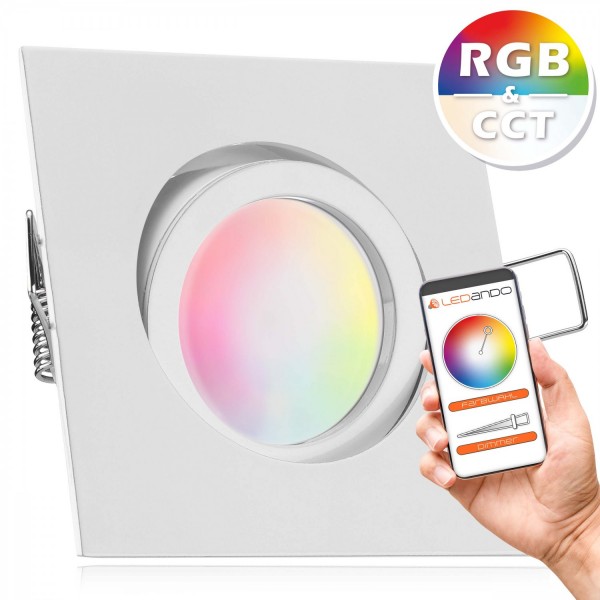 RGB CCT LED Einbaustrahler Set GU10 in weiß mit 5W Leuchtmittel von LEDANDO - RGB + Warm bis Kaltwei