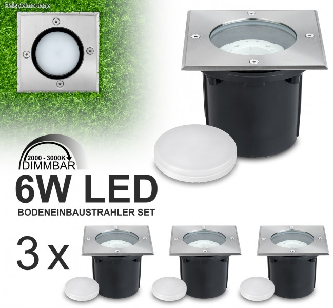 3er Set LED Bodeneinbaustrahler mit tauschbarem 6W LED GX53-Leuchtmittel - DimToWarm 200-3000K - war