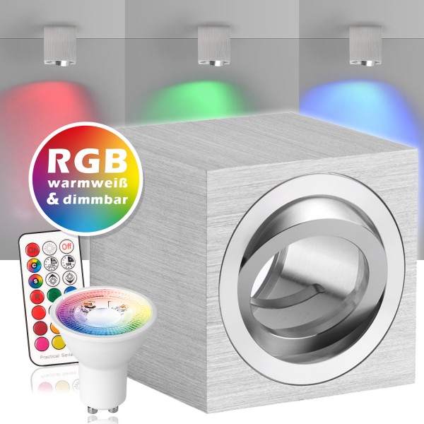RGB LED Aufbaustrahler Set GU10 in aluminium gebürstet mit 3W LED von LEDANDO - 11 Farben + Warmweiß