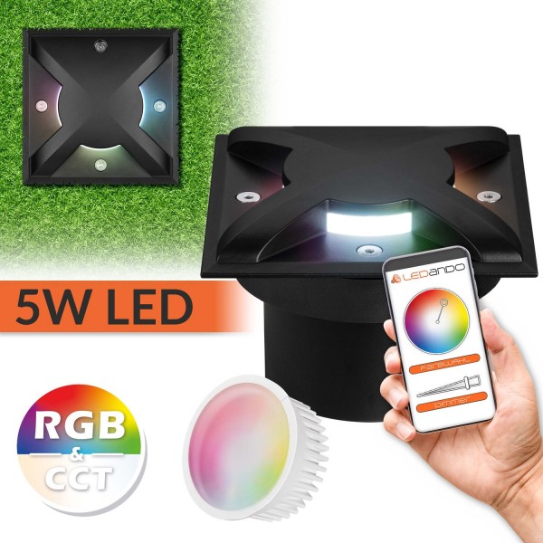 5W WiFi LED Bodeneinbaustrahler Set extra flach mit 3 Lichtauslässen - Smart per App steuerbar - RGB
