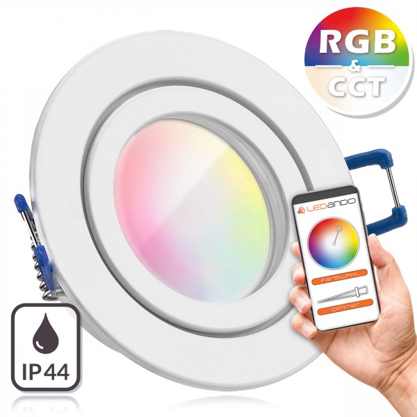 IP44 RGB CCT LED Einbaustrahler Set GU10 in weiß mit 5W Leuchtmittel von LEDANDO - RGB + Warm bis Ka