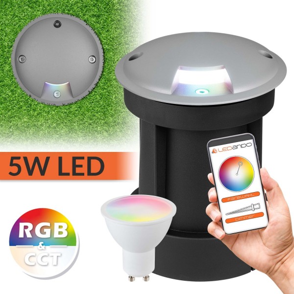 5W WiFi LED Bodeneinbaustrahler Set mit 1 Lichtauslass - Smart per App steuerbar - RGB + CCT - grau