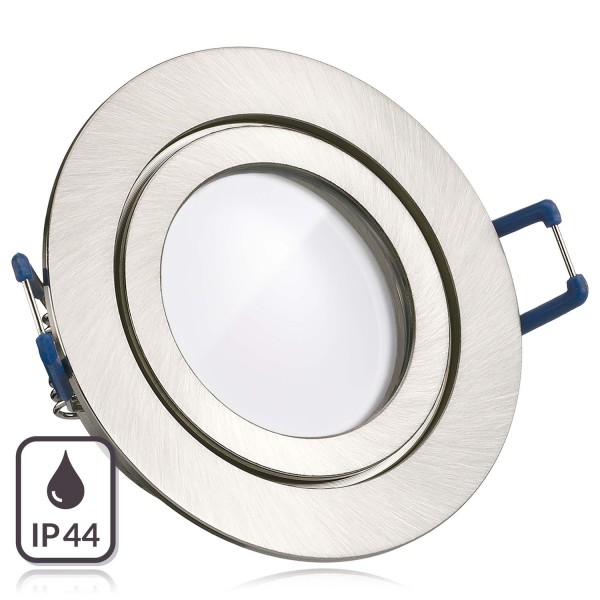 IP44 LED Einbaustrahler Set extra flach in edelstahl / silber gebürstet mit 5W Leuchtmittel von LEDA