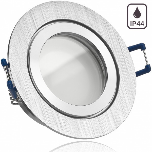 IP44 LED Einbaustrahler Set Bicolor (chrom / gebürstet) mit LED GU10 Markenstrahler von LEDANDO - 5W - warmweiss - 120° Abstrahlwinkel - Feuchtraum / Badezimmer - 35W Ersatz - A+ - LED Spot 5 Watt - Einbauleuchte rund