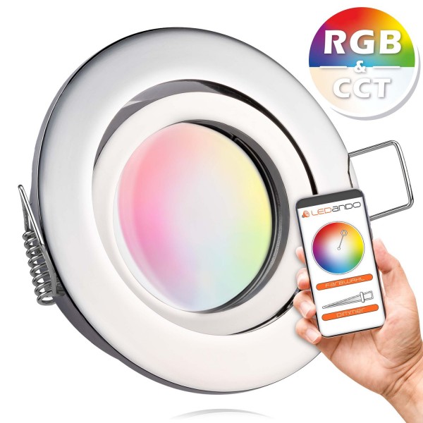 RGB - CCT LED Einbaustrahler Set extra flach in chrom mit 5W Leuchtmittel von LEDANDO- 16 Mio. Farbe