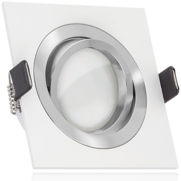 LED Einbaustrahler Set Bicolor (chrom / weiß) mit LED GU10 Markenstrahler von LEDANDO - 5W - warmweiss - 120° Abstrahlwinkel - schwenkbar - 35W Ersatz - A+ - LED Spot 5 Watt - Einbauleuchte LED eckig