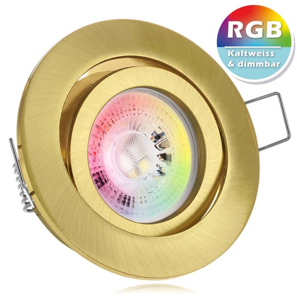 RGB LED Einbaustrahler Set GU10 in gold / messing mit 3W LED von LEDANDO - 11 Farben + Kaltweiß - in