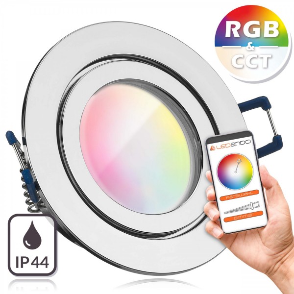 IP44 RGB CCT LED Einbaustrahler Set GU10 in chrom mit 5W Leuchtmittel von LEDANDO - RGB + Warm bis K