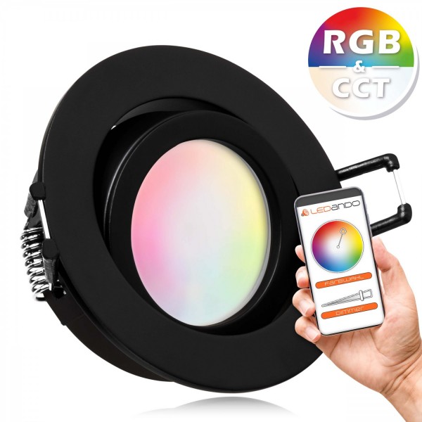 RGB CCT LED Einbaustrahler Set GU10 in schwarz matt mit 5W Leuchtmittel von LEDANDO - RGB + Warm bis