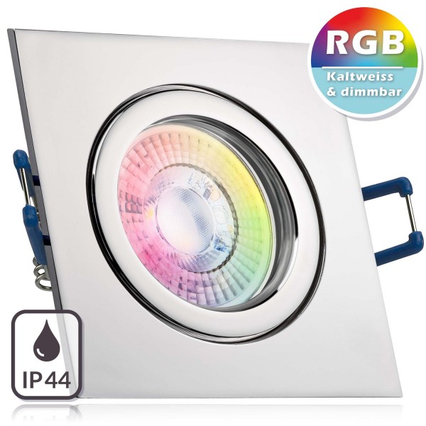 IP44 RGB LED Einbaustrahler Set extra flach in chrom mit 3W LED von LEDANDO - 11 Farben + Kaltweiß -