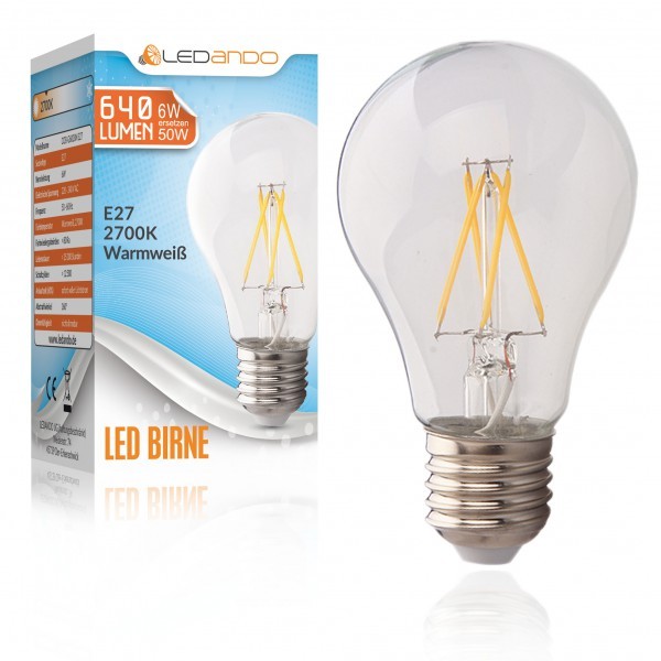 LEDANDO E27 LED Birne 6 Watt - 640lm - 2700K warmweiß - 360° Abstrahlwinkel - ersetzt ca. 50W herkömmliche Glühbirne (6W LED Lampe - LED Leuchtmittel E27 - LED Glühbrine E27 LED Glühfaden LED Filament)