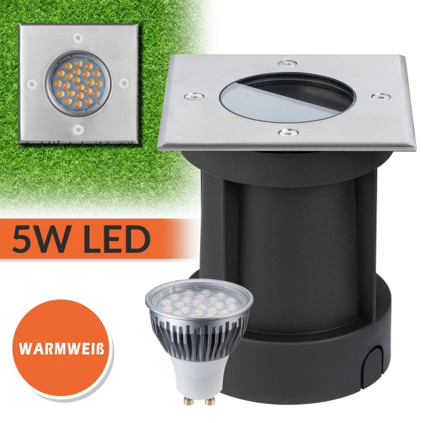 LED Bodeneinbaustrahler Set mit LED GU10 Markenstrahler von LEDANDO - 5W - 345lm - warmweiß - eckig