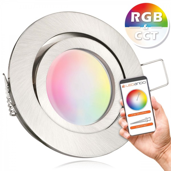 RGB CCT LED Einbaustrahler Set GU10 in edelstahl / silber gebürstet mit 5W Leuchtmittel von LEDANDO