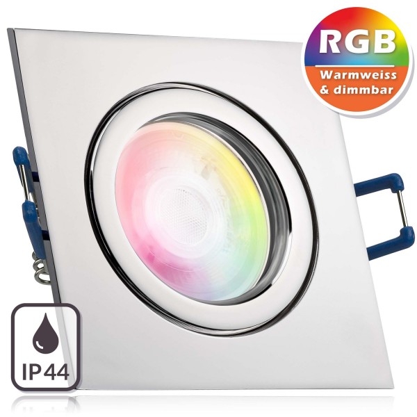 IP44 RGB LED Einbaustrahler Set extra flach in chrom mit 3W LED von LEDANDO - 11 Farben + Warmweiß -