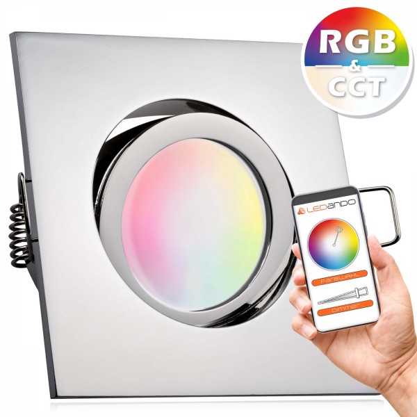 RGB CCT LED Einbaustrahler Set GU10 in chrom mit 5W Leuchtmittel von LEDANDO - RGB + Warm bis Kaltwe