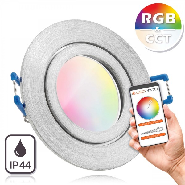 IP44 RGB CCT LED Einbaustrahler Set GU10 in aluminium matt mit 5W Leuchtmittel von LEDANDO - RGB + W