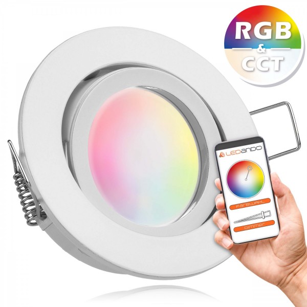 RGB CCT LED Einbaustrahler Set GU10 in weiß mit 5W Leuchtmittel von LEDANDO - RGB + Warm bis Kaltwei