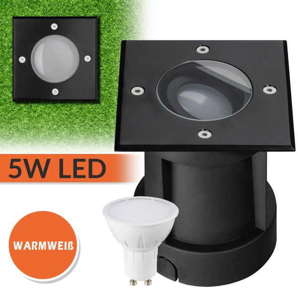 LED Bodeneinbaustrahler Set IP67 - Schwenkbar mit 5W LED GU10 warmweiß eckig Edelstahl schwarz