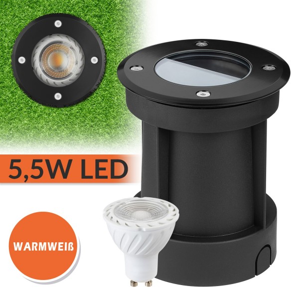 LED Bodeneinbaustrahler Set Schwarz mit LED GU10 Markenstrahler von LEDANDO - 5,5W dimmbare Farbtemp