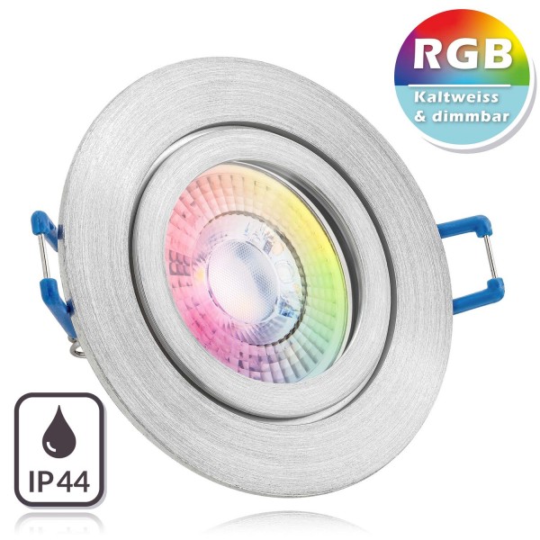 IP44 RGB LED Einbaustrahler Set extra flach in aluminium natur mit 3W LED von LEDANDO - 11 Farben +