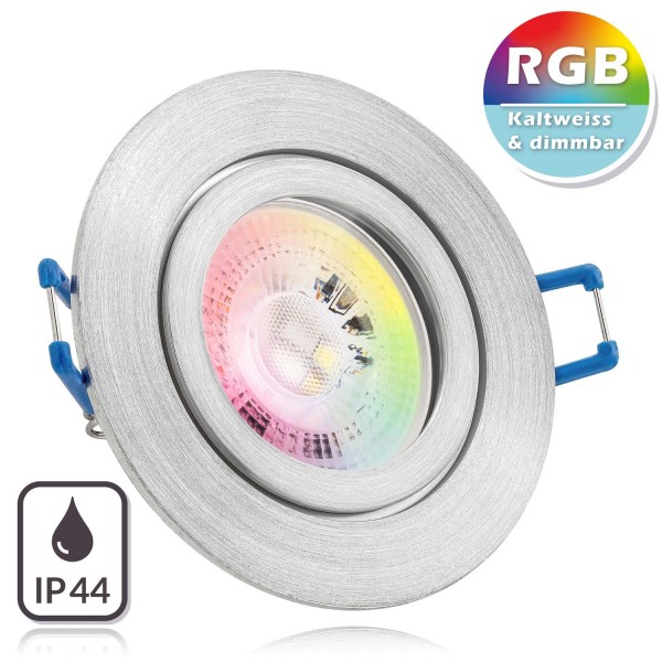 IP44 RGB LED Einbaustrahler Set GU10 in aluminium matt mit 3W LED von LEDANDO - 11 Farben + Kaltweiß