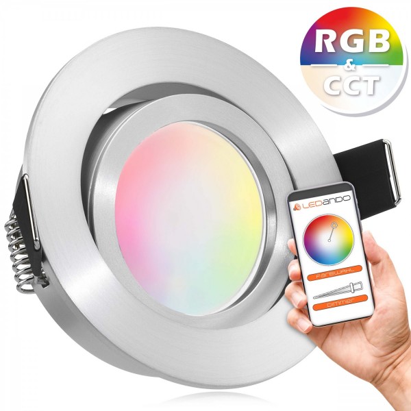 RGB CCT LED Einbaustrahler Set GU10 in aluminium matt mit 5W Leuchtmittel von LEDANDO - RGB + Warm b